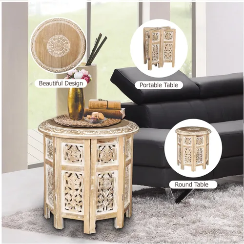 Miniatura 4 de Mesa auxiliar de madera, mesa auxiliar redonda tradicional, mesa auxiliar redonda moderna tallada a mano, octogonal de 18 pulgadas, color blanco