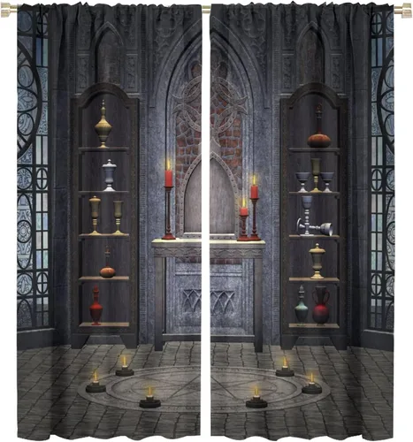Miniatura 41 de Cortinas góticas con diseño de luna de Halloween, historia, puerta espeluznante, fondo de terror, vela, ficción, patrón de impresión, sala de estar