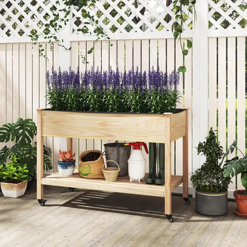 Miniatura 2 de Giantex Cama de jardín elevada móvil, maceta de madera con ruedas, estante de almacenamiento y forro, cama elevada enrollable de 47 x 23 x 33