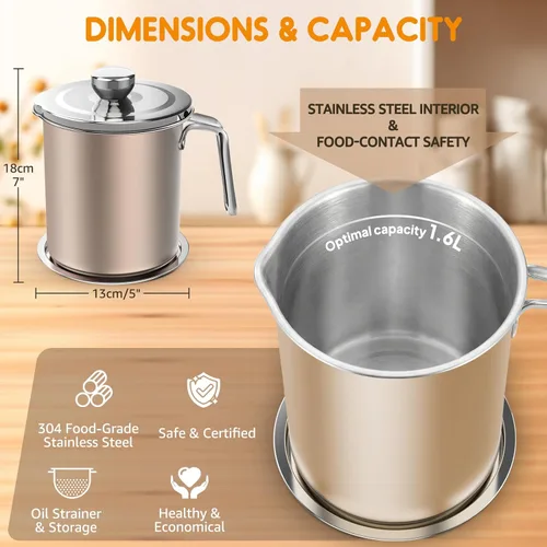 Miniatura 4 de Chihee Contenedor de grasa de acero inoxidable para tocino con filtro de malla fina, 2 litros/67.6 onzas líquidas, lata de aceite de cocina con tapa