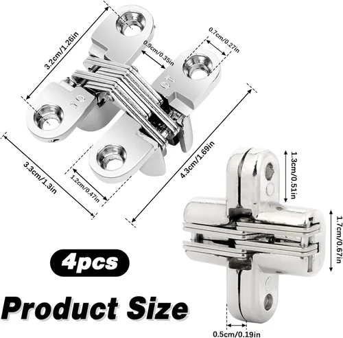 Miniatura 2 de Paquete de 4 bisagras ocultas de acero inoxidable de 180 grados para puertas y gabinetes, bisagras invisibles cruzadas y oscilantes