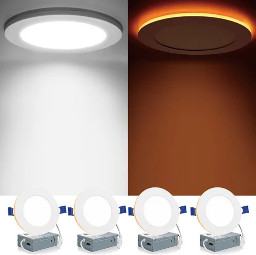 Meconard Paquete de 4 unidades de iluminación LED empotrable sin carcasa de 4 pulgadas 5CCT con luz nocturna, luces LED delgadas ultra regulables