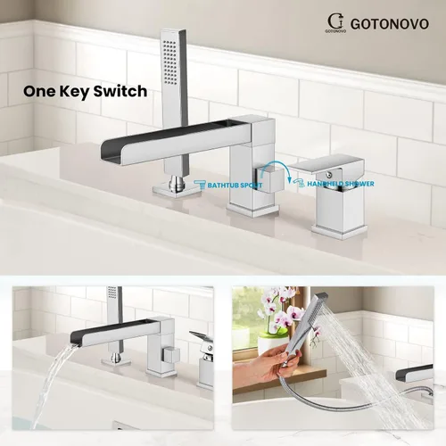 Miniatura 6 de gotonovo Grifo de bañera romano con ducha de mano, 3 agujeros, montaje en cubierta, juego de grifo de bañera de una sola manija generalizado