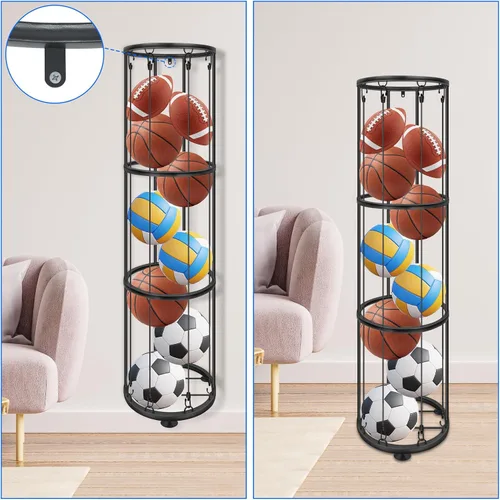 Miniatura 7 de Estante vertical de almacenamiento de bolas de 3 capas, soporte de pared para baloncesto, jaula para fútbol, voleibol, organizador deportivo