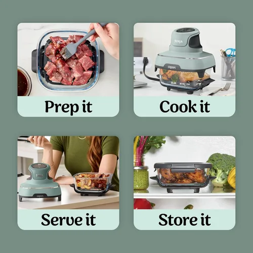 Miniatura 8 de Ninja Crispi - Freidora de aire de vidrio 4 en 1 Con recipientes y tapas de vidrio no tóxicos de 4 cuartos y 6 tazas Apto para microondas, Salvia