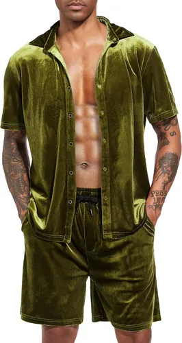 Miniatura 36 de LecGee Conjunto de pantalones cortos casuales de verano para hombre, camisa de terciopelo de manga corta con botones, pantalones cortos de cintura