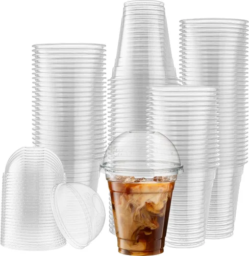 [50 juegos de 12 onzas] Vasos de plástico transparente para mascotas con tapas de cúpula para café helado, bebidas frías, batidos, tazas de