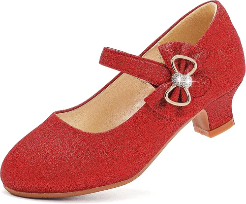 Dufannie Zapatos de vestir para niñas, zapatos de tacón bajo de princesa, zapatos planos con purpurina para bodas y fiestas
