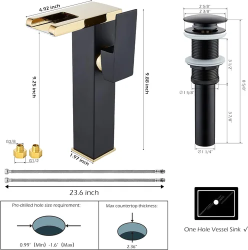 Miniatura 2 de Grifo para Lavabo Tipo Recipiente Cascada Dorado Negro de Un Solo Orificio con Desagüe Pop-Up Sin Rebosadero y Líneas de Suministro Grifos de Baño