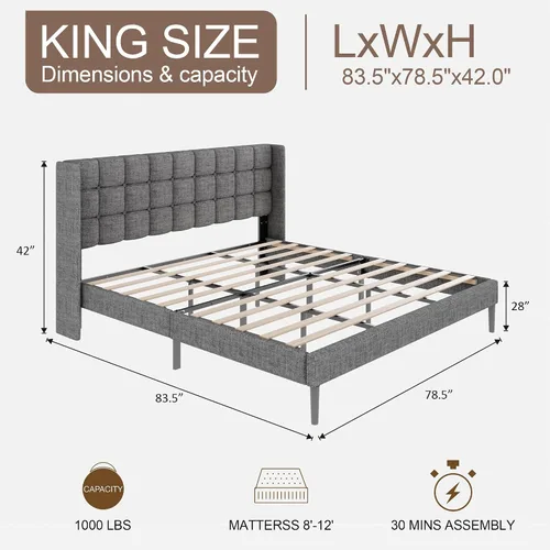 Miniatura 2 de Base de cama tamaño matrimonial con cabecera con respaldo de ala, base de cama tapizada de lino con cabecera capitoné con botones, soporte