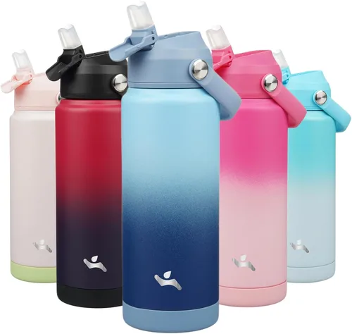 Miniatura 10 de Konokyo Botella de agua aislada con tapa de pajilla, botella de metal al vacío de acero inoxidable de 18 onzas con mango de silicona, color negro