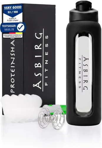 Fitness - Botella mezcladora de proteínas de vidrio de 24 onzas, sin BPA, tapa a prueba de fugas, bola mezcladora de acero inoxidable y funda de