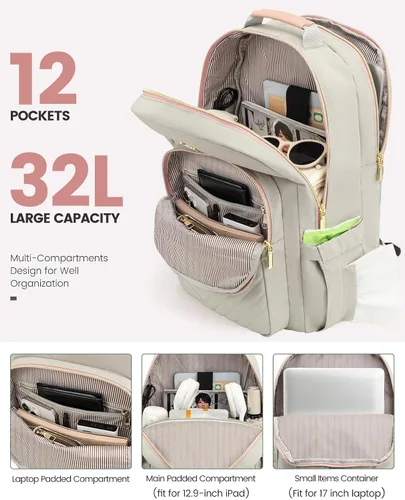 Miniatura 2 de LOVEVOOK Mochila de Viaje para Laptop Bolso para Mujeres Trabajo Negocios Bolsas de Computadora, rosa gris, 17 pulg., Mochilas de viaje