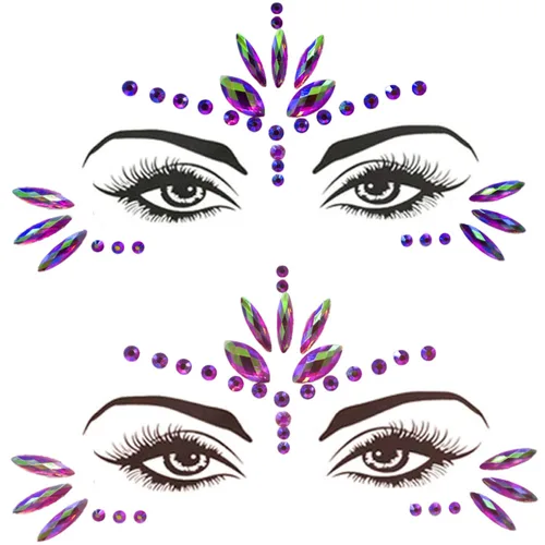 Gemas Faciales de Sirena Joyas Adhesivas para Halloween Cuerpo Ojos Cara Joyas Gemas para Festivales Rave Tatuajes con Purpurina Cristales Púrpura