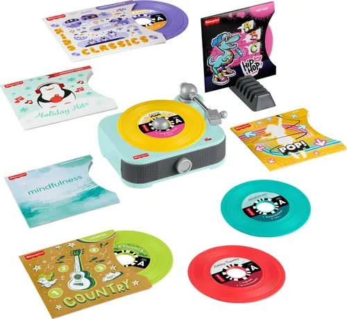 Fisher-Price Juguete Musical Deluxe Rockin' Record Player Mesa Giradiscos de Juguete con 6 Álbumes para Juego Preescolar Más Álbum Exclusivo de
