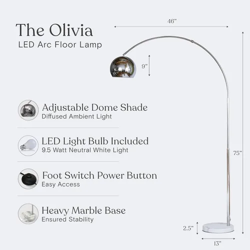 Miniatura 3 de Brightech Olivia Lámpara de pie – Lámpara de arco elegante con cabeza redondeada y base de mármol para sala de estar, lámpara de pie alta
