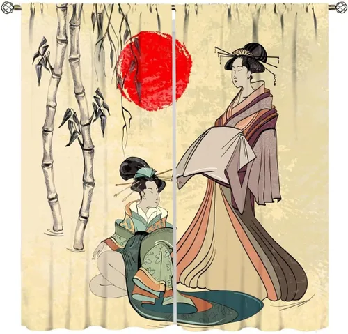 Cortinas de estilo japonés, Kyoto Geisha Girls Asian Ink Painting - Cortinas de tela de poliéster con estampado de Japón antiguo para dormitorio,