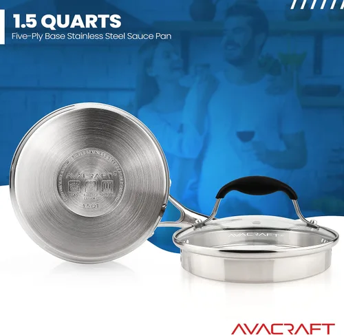 Miniatura 5 de AVACRAFT Cacerola de acero inoxidable con tapa de filtro de vidrio, dos boquillas laterales para verter fácilmente con mango ergonómico, olla