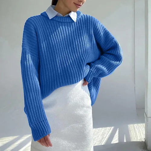 Miniatura 5 de Suéter de Punto de Manga Larga con Cuello Alto para Mujer, Tops básicos de Color sólido con Cuello Redondo