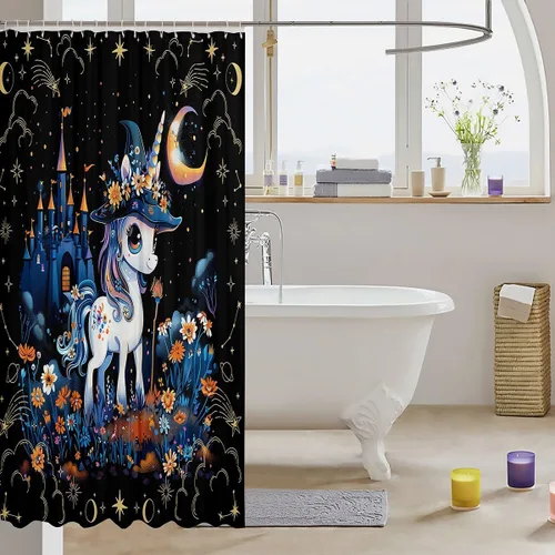 Miniatura 3 de Cortina de ducha de tela de unicornio de Halloween, misteriosa cortina de ducha de flores de castillo estrellado para baño, cortina de ducha