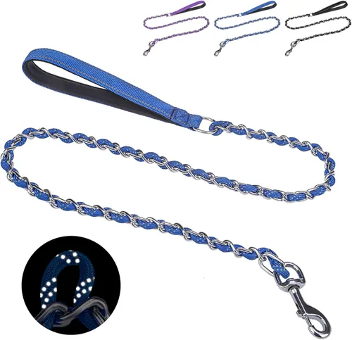 Miniatura 17 de HOMIMP Correa de perro a prueba de mordidas para perros medianos y grandes, correa reflectante de cadena de metal resistente de 6 pies con mango