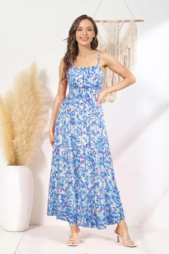 Miniatura 5 de GRACE KARIN Vestido largo de verano para mujer, sin mangas, floral, tirantes delgados, fruncido, bohemio, para playa, con bolsillos