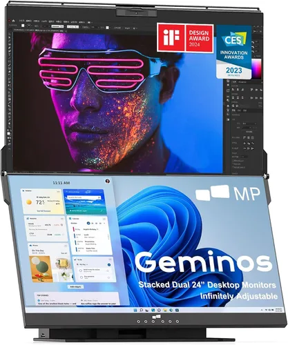 Geminos - Monitores de computadora apilados duales de 24 pulgadas con cámara web y altavoces de 1080P, carga USB-C de 65 W, monitor de escritorio