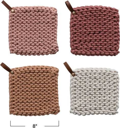Miniatura 5 de Soporte cuadrado de algodón de color sólido de 8 pulgadas con mango de lazo de cuero para cocinar, multicolor, juego de 4 Rosa/Melocotón/Crema