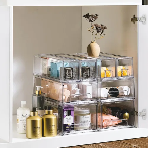 Miniatura 6 de Sorbus 1 cajón grande y 2 pequeños transparentes y apilables – Cajones organizadores de plástico con asas – Cajones de almacenamiento extraíbles