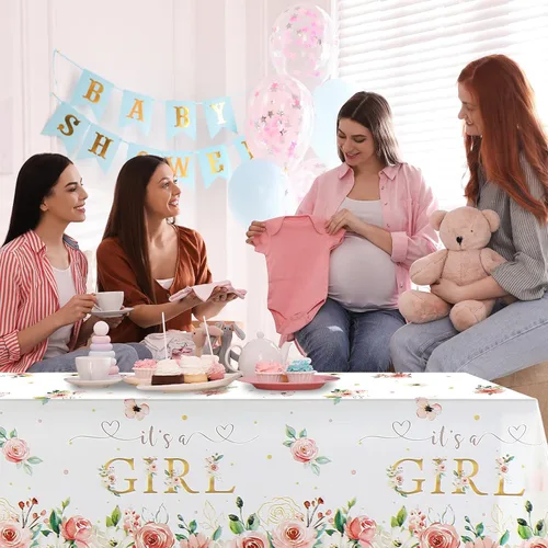 Miniatura 5 de Pajean Paquete de 3 manteles florales para baby shower, decoración con texto en inglés "It's a Girl", manteles de fiesta de baby shower, manteles