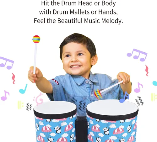 Miniatura 7 de Juego de tambores tom de piso Bongo para niños: Instrumento musical de percusión para niños con 2 baquetas - Tambor de suelo Montessori para bebés