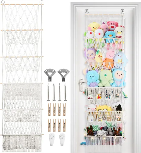 Miniatura 21 de Red de almacenamiento de animales de peluche de 2 niveles, 17 x 32 pulgadas, organizador grande de animales de peluche para pequeños rellenos