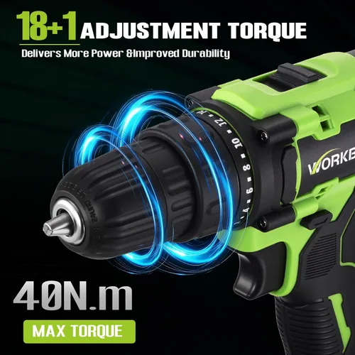 Miniatura 4 de WORKBLESS Juego de Taladro Eléctrico de 21V, Taladro Inalámbrico con Batería y Cargador, Portabrocas sin Llave de 3/8'', Velocidad Variable
