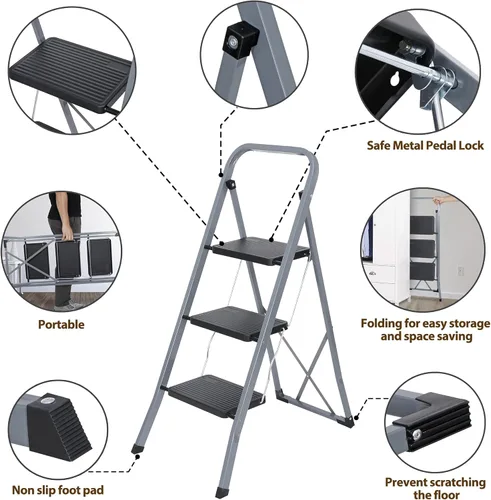 Miniatura 4 de JungleA Escalera de 3 escalones, taburete plegable para adultos, escalera ancha antideslizante para el hogar, cocina, armario, garaje y oficina, Gris