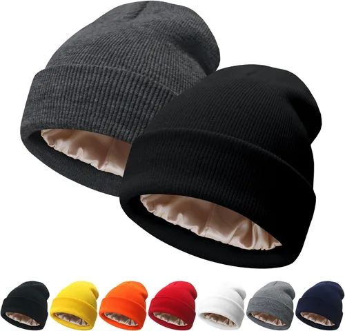 Miniatura 18 de NPQQUAN 2 PCS Satin Lined Beanie for Women Silk Lined Beanies Winter Warm Soft Lining Cuffed Knit Beanie Hats for Women