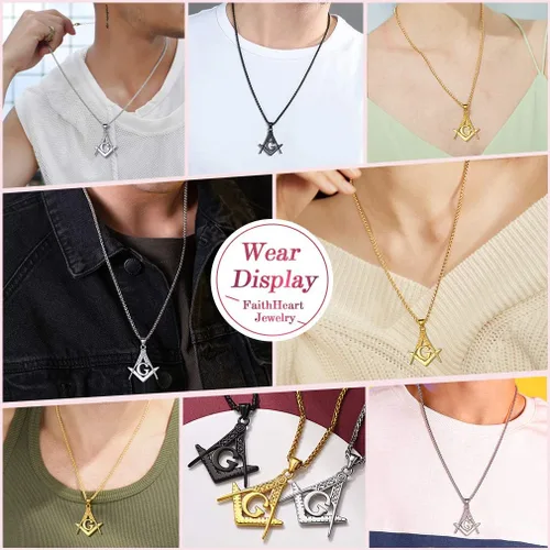 Miniatura 6 de FaithHeart Collar masónico para hombre, símbolo de brújula masona, chapado en oro de 18 quilates, acero inoxidable, libre y aceptado, joyería