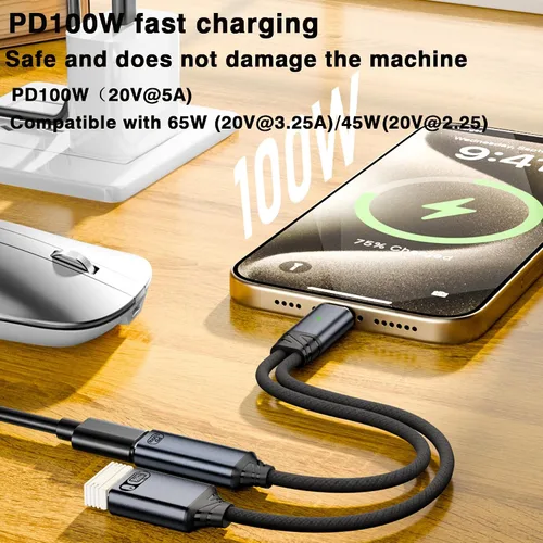 Miniatura 4 de Adaptador USB C a auriculares y cargador de 0.138 in, adaptador de audio USB C a auxiliar 2 en 1 con carga rápida PD 3.0 de 60 W, chip DAC