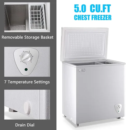 Miniatura 4 de Congelador de cofre compacto de 5.0 pies cúbicos con termostato ajustable, puerta que se abre por arriba con cesta de almacenamiento extraíble