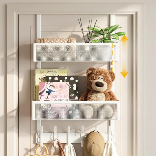 Miniatura 8 de Organizador de ganchos para puerta, toallero sobre la puerta con cesta de malla, 10 ganchos para abrigos y 2 ganchos para coronas, organizador