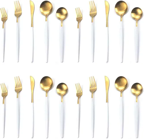 Miniatura 8 de Juego de cubiertos de 5 piezas, Uniturcky, de acero inoxidable negro y dorado, utensilios para comer con cuchillo, tenedor, cuchara para el hogar