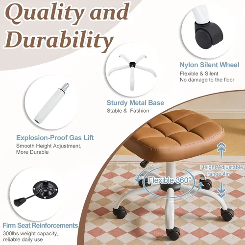 Miniatura 6 de VINGLI Silla de escritorio pequeña compacta, bonita silla sin brazos con ruedas, silla de tocador con respaldo bajo, silla de trabajo de altura Café