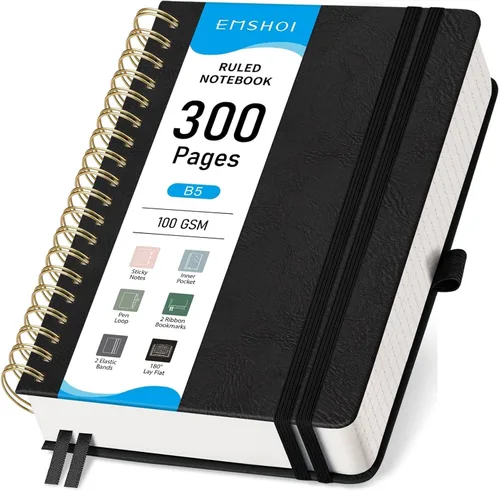 Miniatura 25 de EMSHOI Cuaderno de Espiral con Puntos para Bullet Journal - 300 Páginas, Cuero de Tapa Dura A4, Cuaderno de Cuadrícula de Puntos Gruesos de 100 GSM