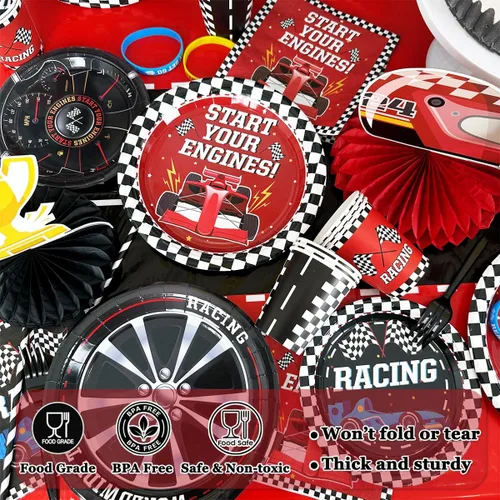 Miniatura 7 de Decoración de fiesta de cumpleaños de coches de carreras, decoraciones de cumpleaños de autos, platos de llantas, servilletas, manteles a cuadros