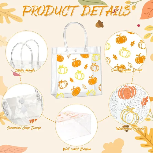 Miniatura 3 de Aliceset 12 bolsas de regalo transparentes de otoño con asa, bolsa de regalo de calabaza naranja para otoño, vacaciones, Halloween, Acción