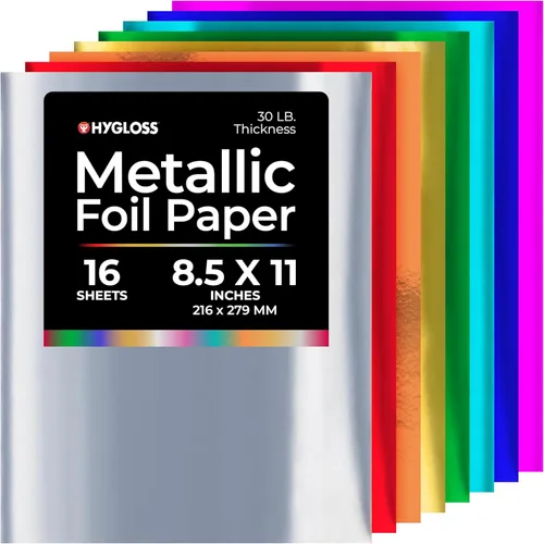 Hygloss Papel de aluminio metálico, 16 hojas de 8 colores surtidos, 8.5 x 11 pulgadas, papel de aluminio ideal para manualidades, hojas de papel