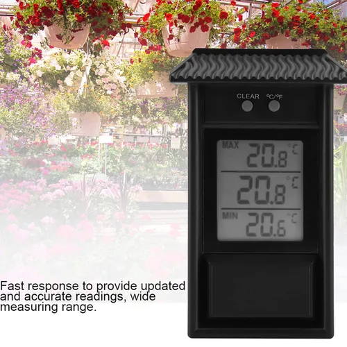 Miniatura 2 de Joyzan Termómetro digital de invernadero, impermeable al aire libre, medidor de temperatura máxima mínima, probador de temperatura alta y baja, Negro