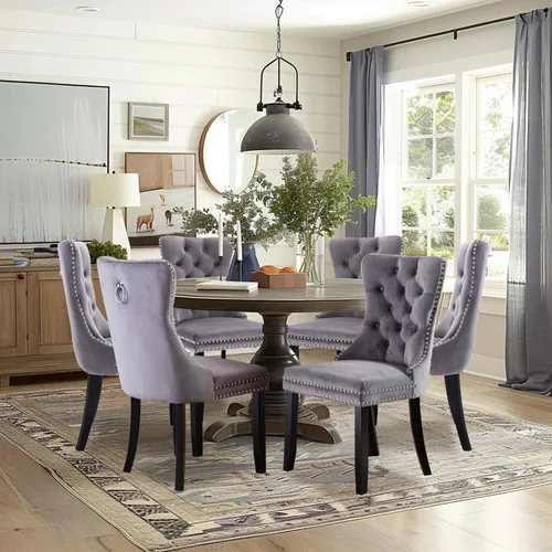 Miniatura 81 de Juego de 2 sillas de comedor tapizadas de terciopelo, sillas laterales de cocina de estilo moderno con ribete de cabeza de clavo y patas de madera