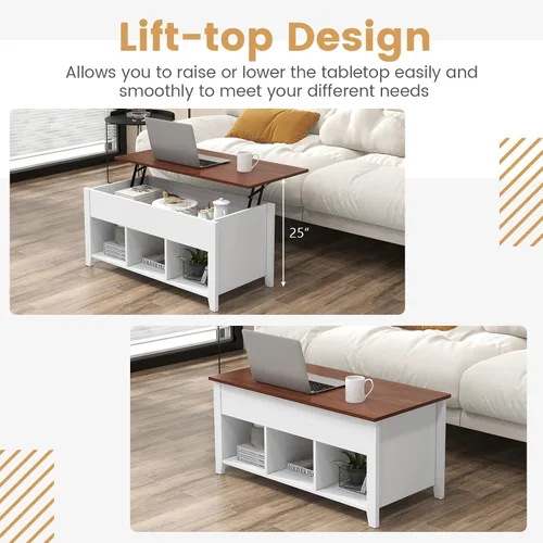 Miniatura 6 de Mesa auxiliar elevable, mesa de té moderna 2 en 1 con compartimento de almacenamiento oculto y 3 estantes de almacenamiento abiertos, mesa central