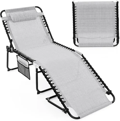 Miniatura 14 de Goplus Tumbona para exteriores, silla de playa plegable extragrande de 5 posiciones con almohada desmontable, bolsillo lateral, silla de bronceado