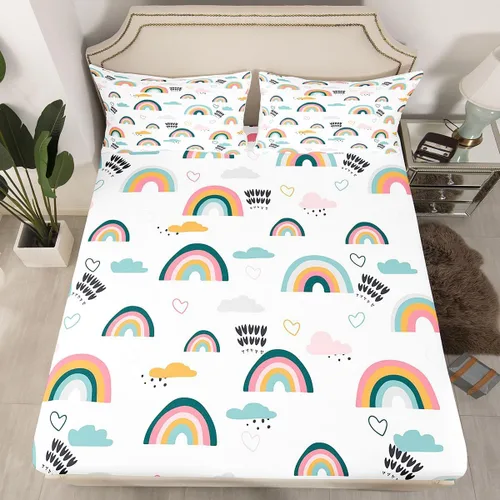 Miniatura 2 de Erosebridal Juego de ropa de cama arcoíris para niñas, sábana de amor en forma de corazón rosa, sábana ajustada con nubes de dibujos animados